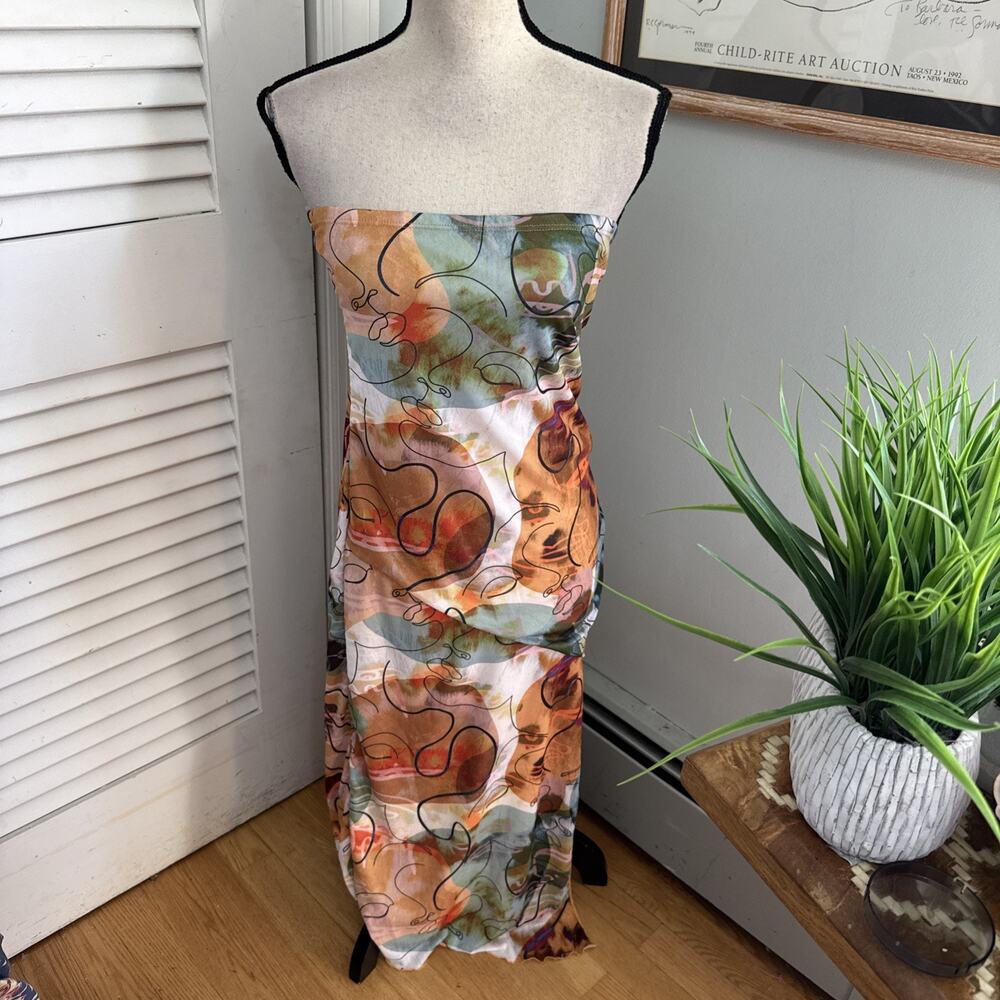 Caution to the Wind Dress Large Brown Green Strapless Mesh Midi Indie Sleaze